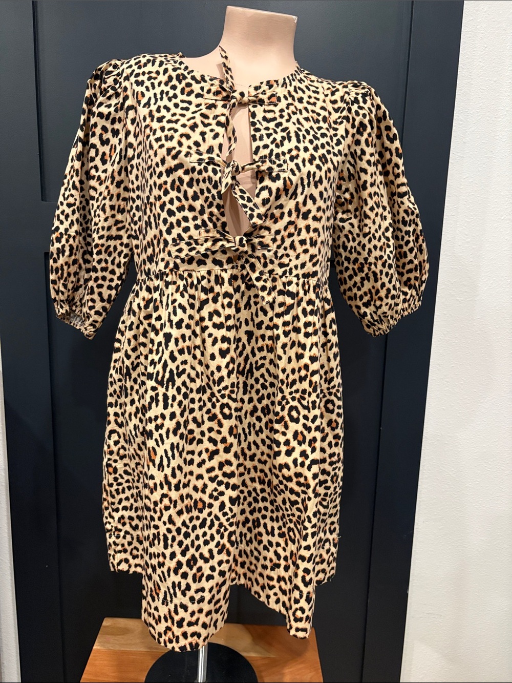 646. Band of The Free Leopard Print Tie-Front Midi Dress - Beige/Black